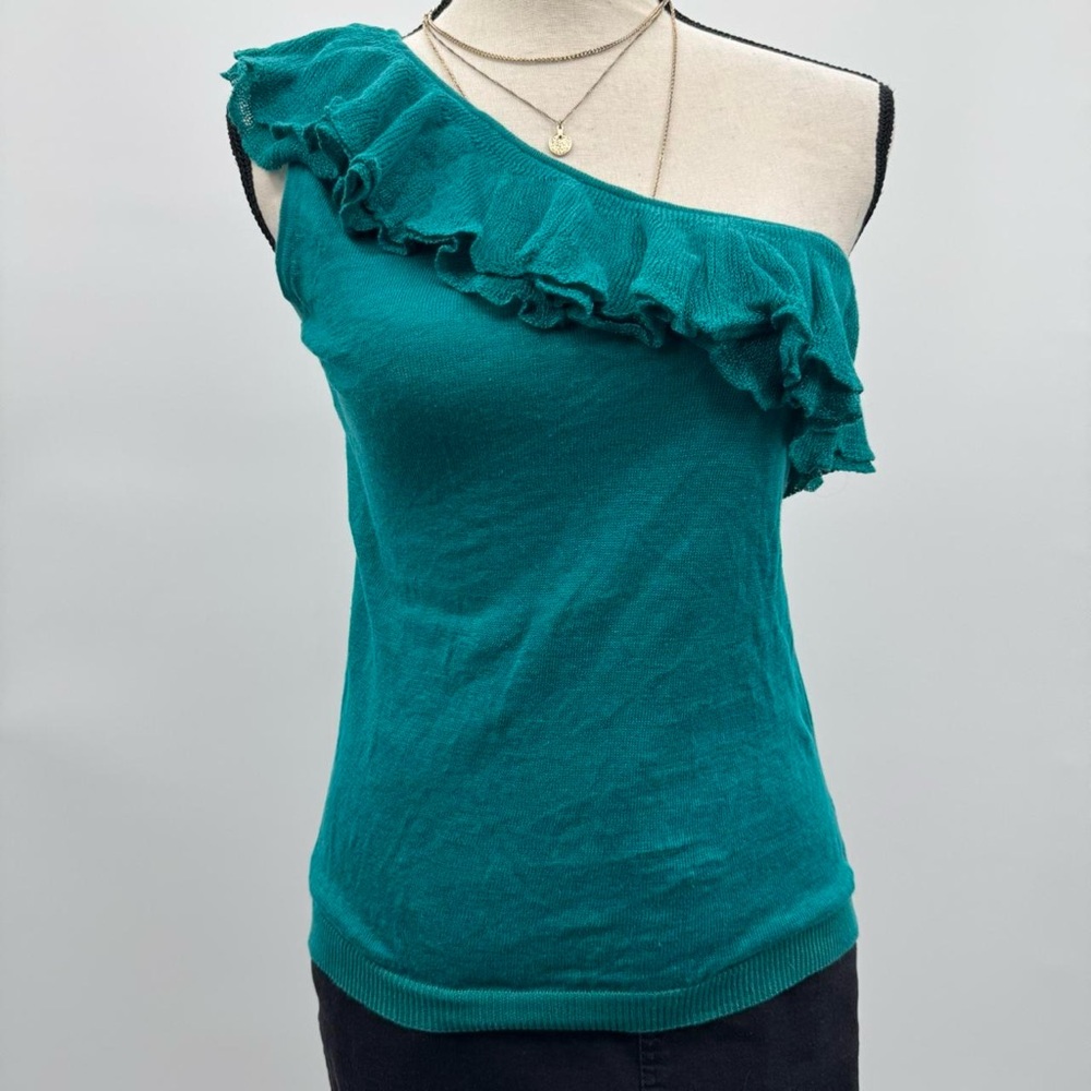 Moda International Teal One-Shoulder Ruffle knit Top 100% linen women’s sz small